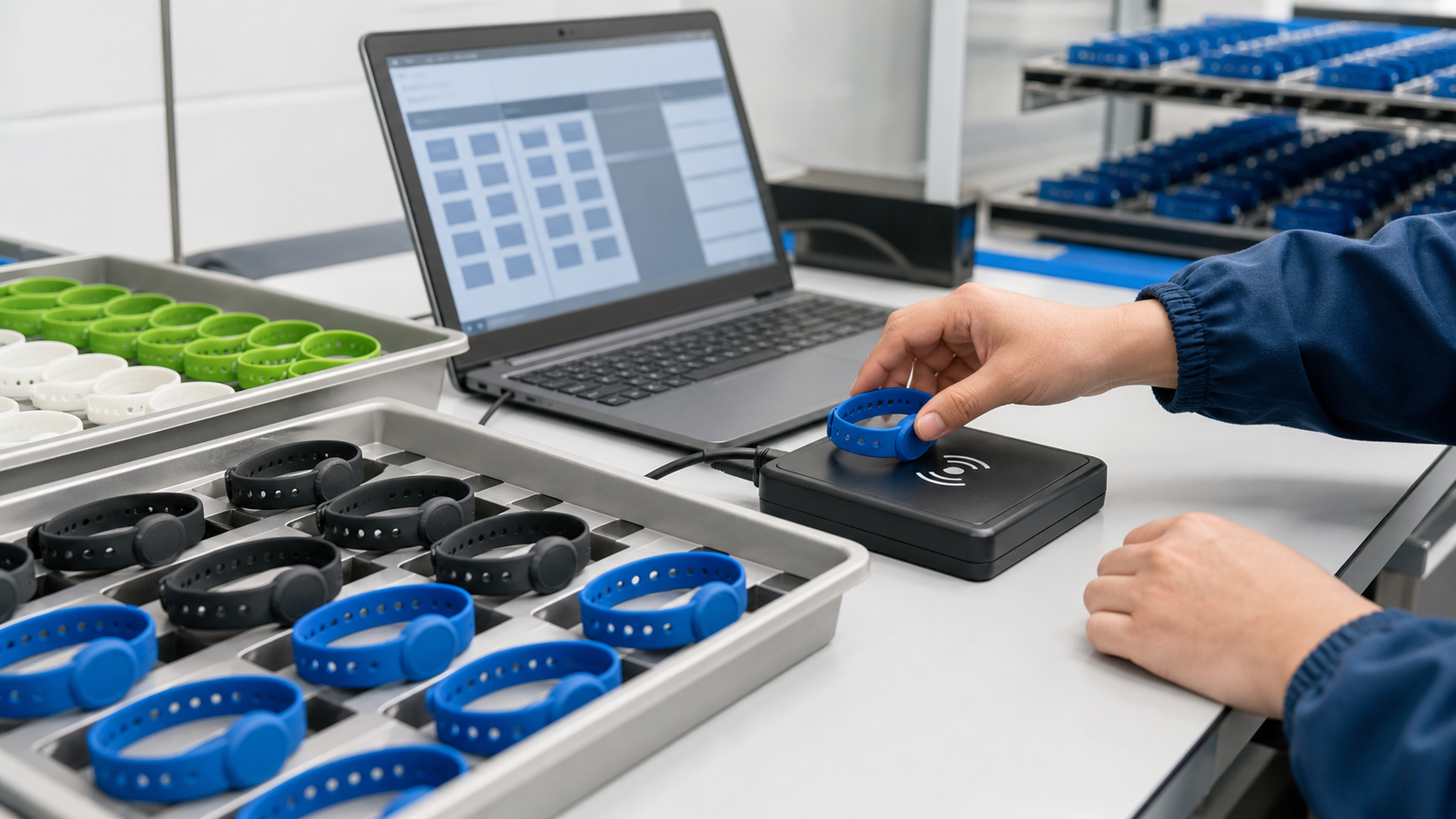 Technician bulk encoding colorful RFID silicone wristbands on a desktop RFID reader.