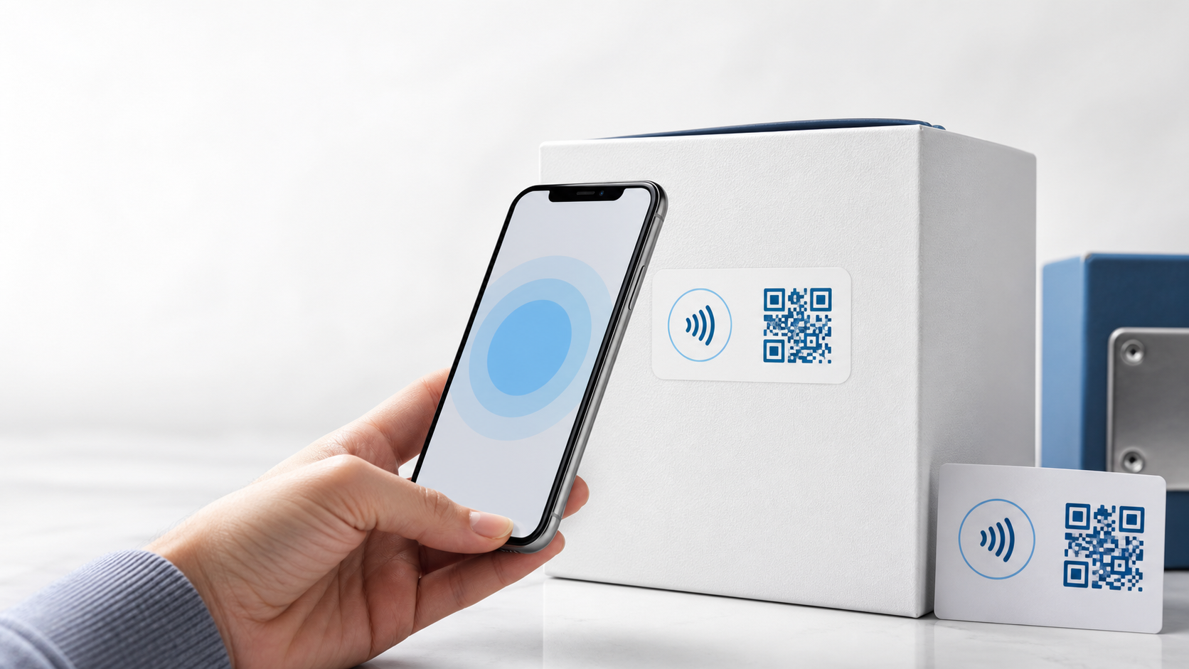 A smartphone tapping a package label that combines NFC and a QR code