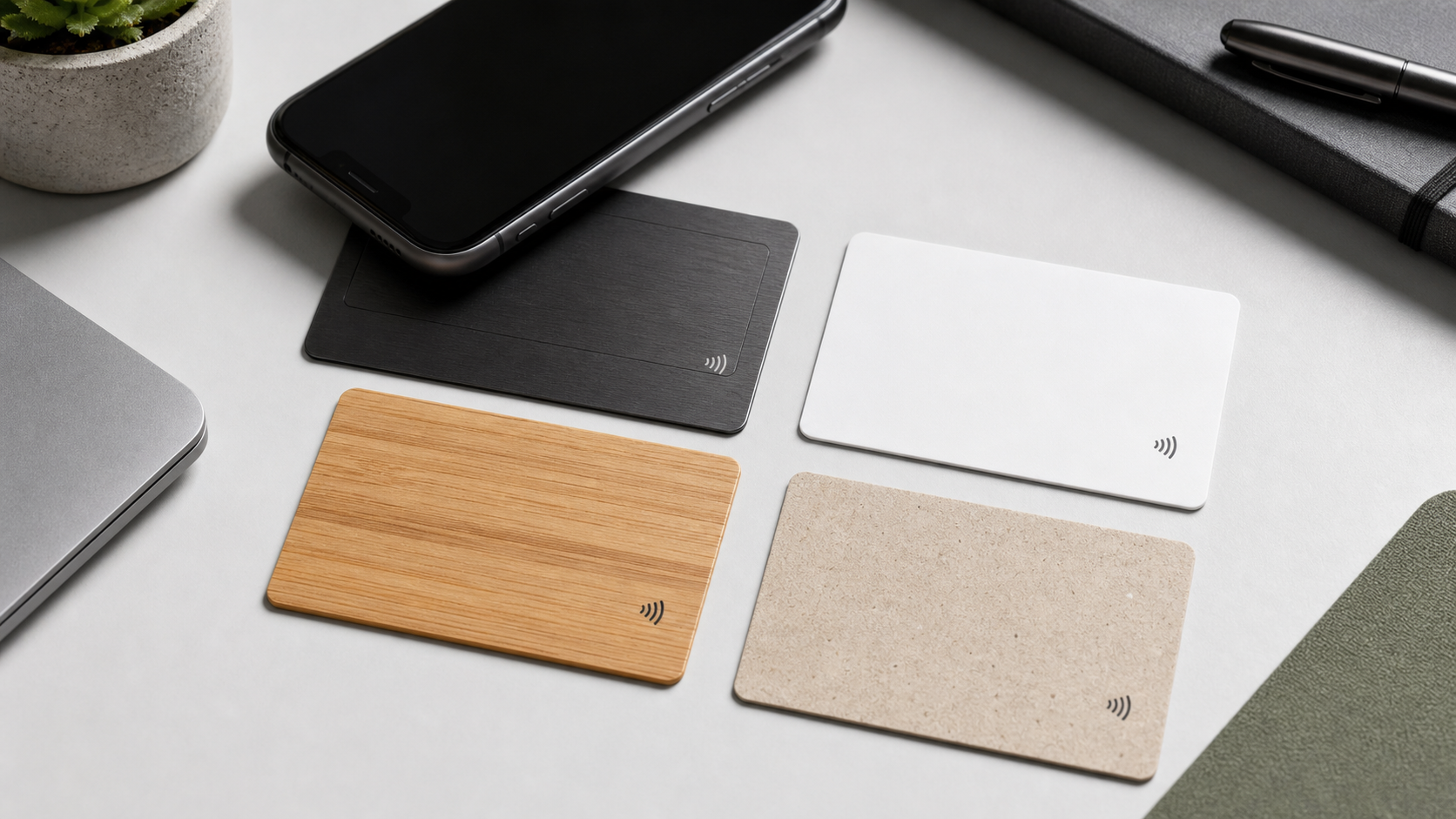 Comparison of PVC, metal, wood, and paper NFC business cards beside a smartphone.