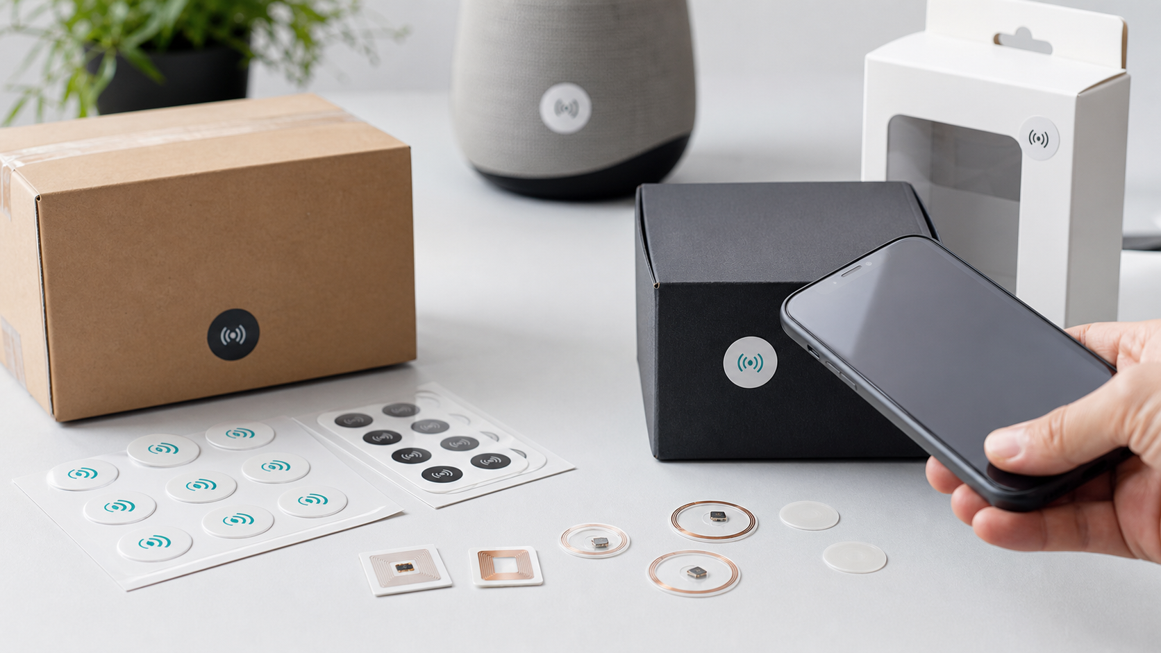 Small NFC tags and NFC stickers on product packaging with a smartphone scanning one tag.