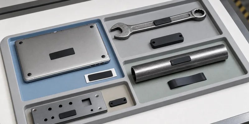Comparison of anti-metal RFID tag formats for laptop casing, wrench, steel pipe, and equipment panel