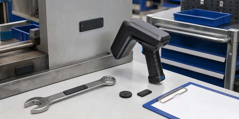 Handheld reader testing anti-metal RFID tags on a wrench and metal equipment during sample evaluation