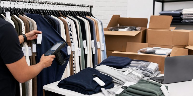 Sample testing RFID apparel tags on dense garment racks and cartons