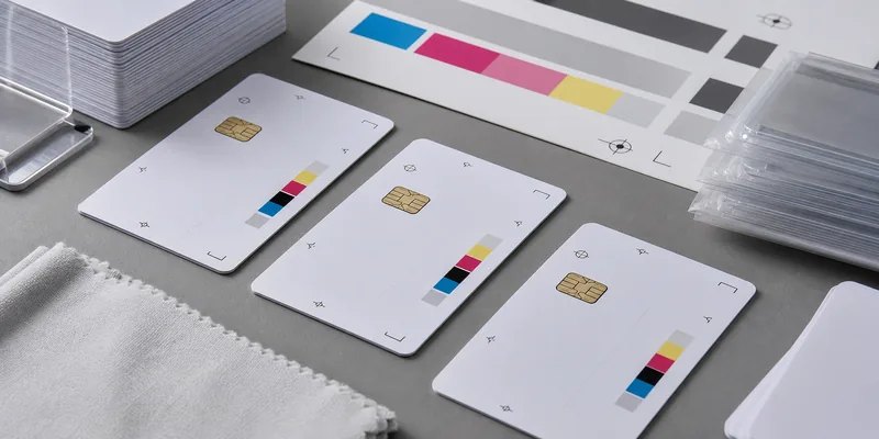 Custom printing tests on blank PVC RFID cards before bulk production