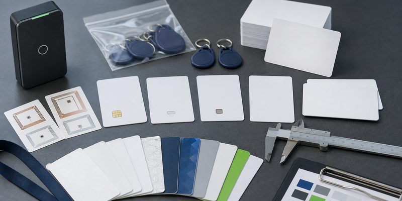 Custom RFID card and key fob samples arranged for material chip and encoding review
