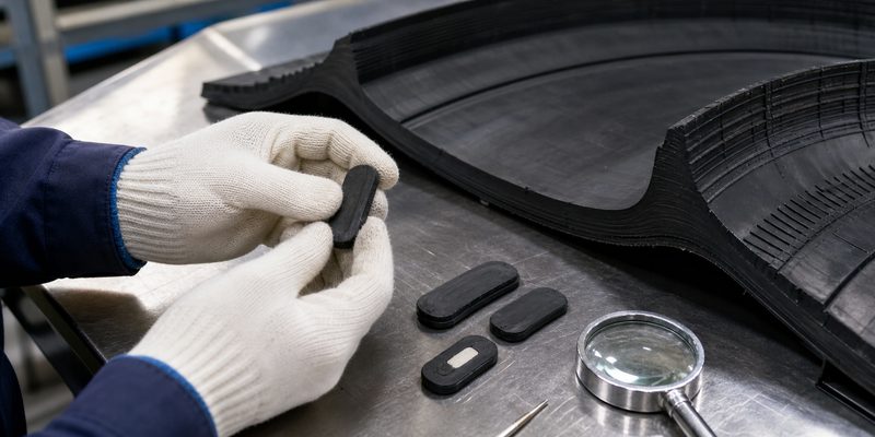 Embedded UHF RFID tire tag being reviewed before tire curing.