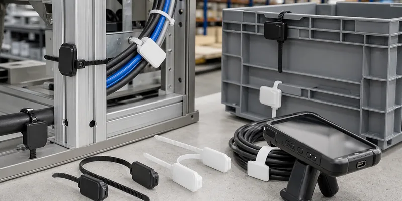 RFID cable tie tags attached to cables crates and equipment for asset tracking