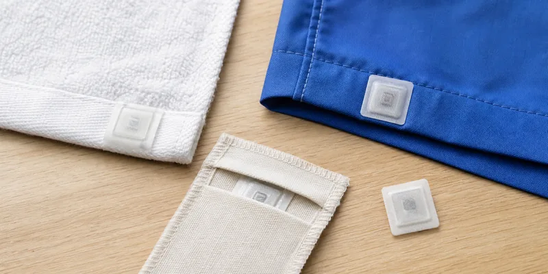 RFID laundry tag attachment methods including sewn-in, heat-seal, and pouch placement