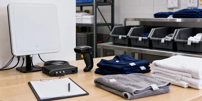 RFID laundry tag sample testing station with tagged textiles and UHF reader hardware