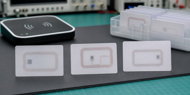Close-up comparison of blank MIFARE-style RFID card samples with visible antenna layouts