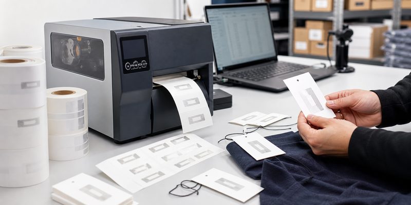 RFID printer encoder preparing apparel hang tags and roll labels