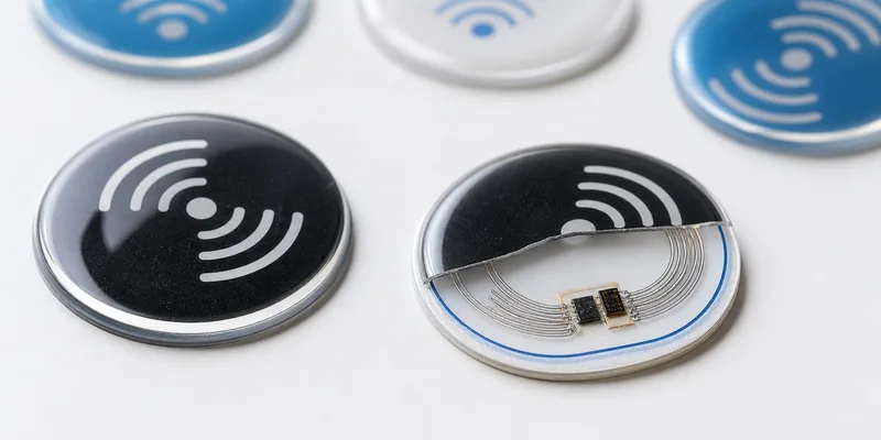 Close-up of glossy RFID epoxy tags showing resin finish and tag construction