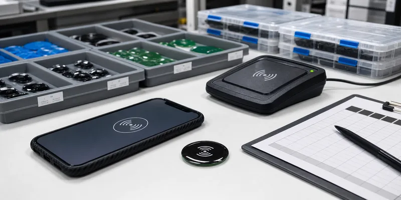 RFID epoxy tag sample testing with smartphone reader and inspection trays
