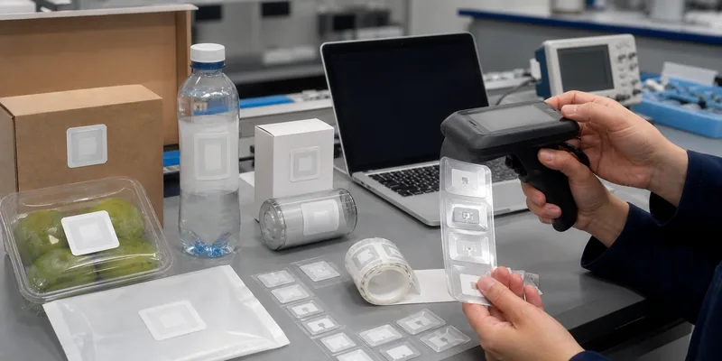 RFID inlay samples tested on packaging surfaces before bulk order