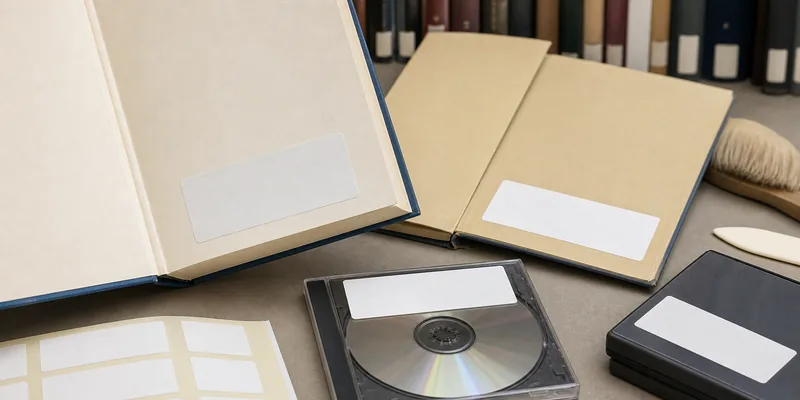 RFID library labels placed inside books and media cases for tag placement testing.