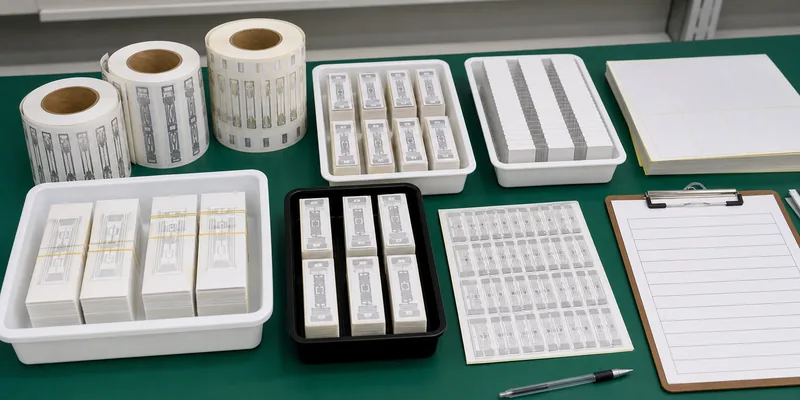 RFID library tag sample batches prepared for encoding and quality control.
