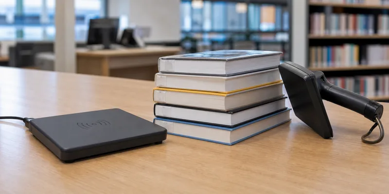 RFID library book tags being tested with desktop and handheld readers.