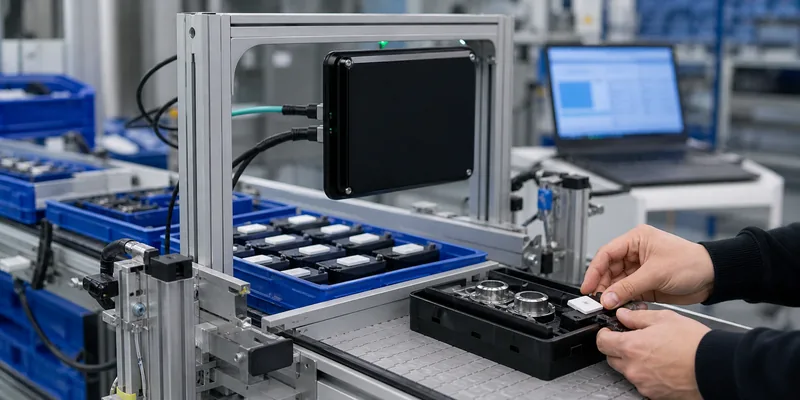 RFID pilot read point for tagged parts moving through a manufacturing workflow