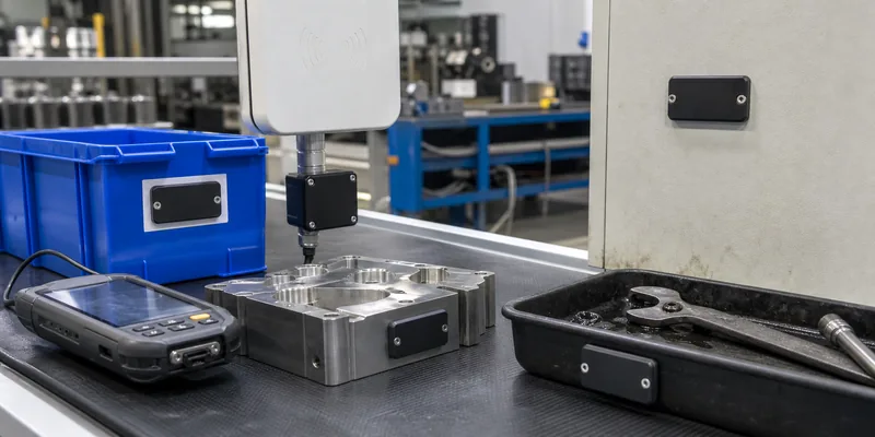 RFID manufacturing surface testing on metal fixtures, plastic totes, and tool trays