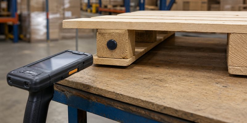 Handheld reader testing an RFID nail tag installed in a wooden pallet