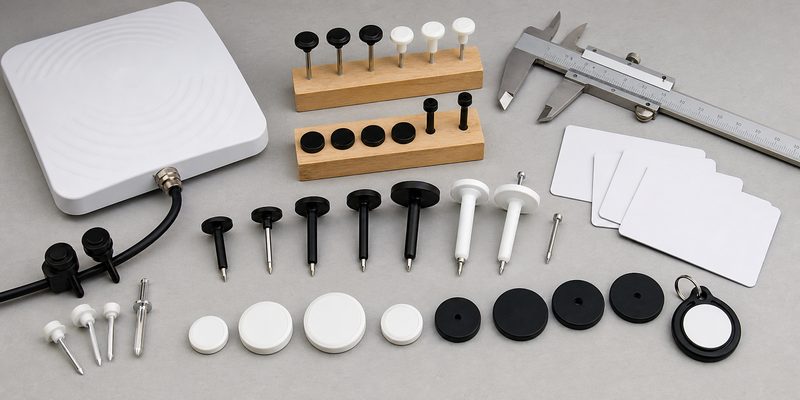 RFID nail tag samples compared by size, material, and installation format