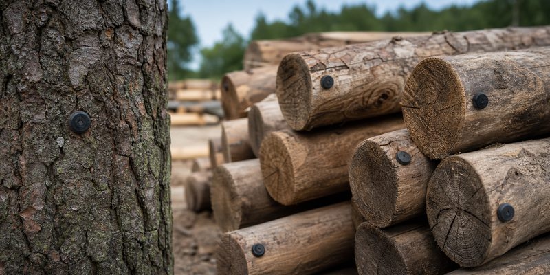 RFID nail tags installed in tree trunks and timber logs for outdoor identification