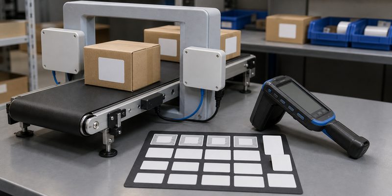 RFID label sample testing at a reader gate with cartons and handheld reader