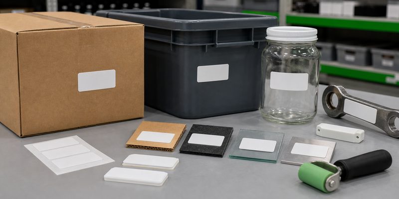 RFID sticker labels tested on cardboard plastic glass and metal samples