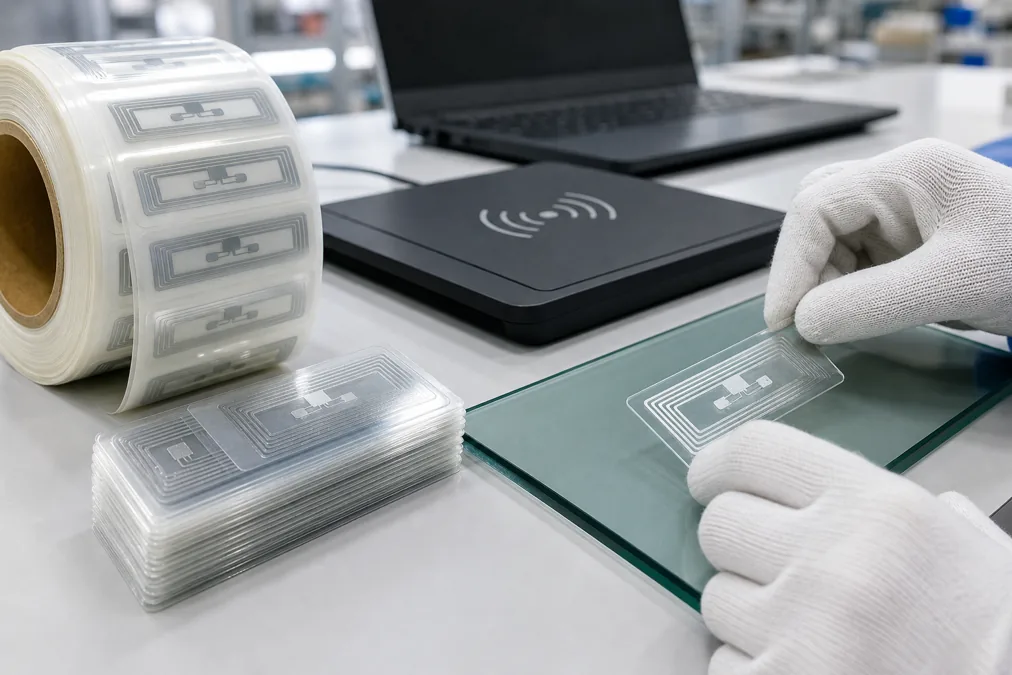 RFID windshield tags being encoded and checked before shipment