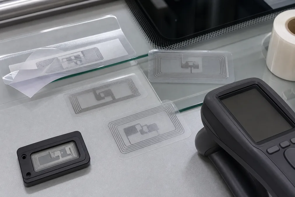 RFID windshield tag samples and vehicle access tag materials on a testing desk