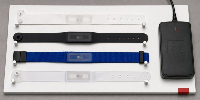 RFID wristband material comparison with paper silicone fabric and PVC samples