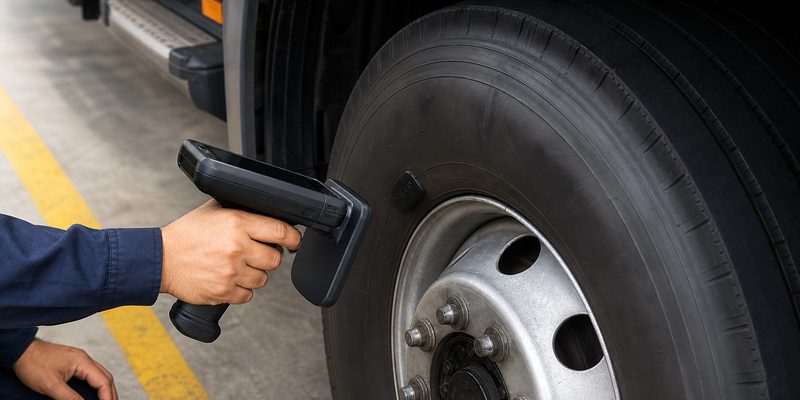 Technician testing a tire patch RFID tag with a handheld UHF reader.