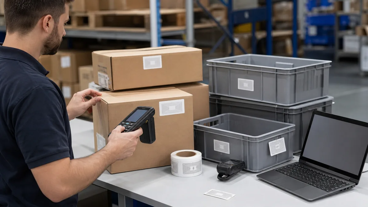 Warehouse RFID sample testing workflow with tagged cartons and handheld UHF reader