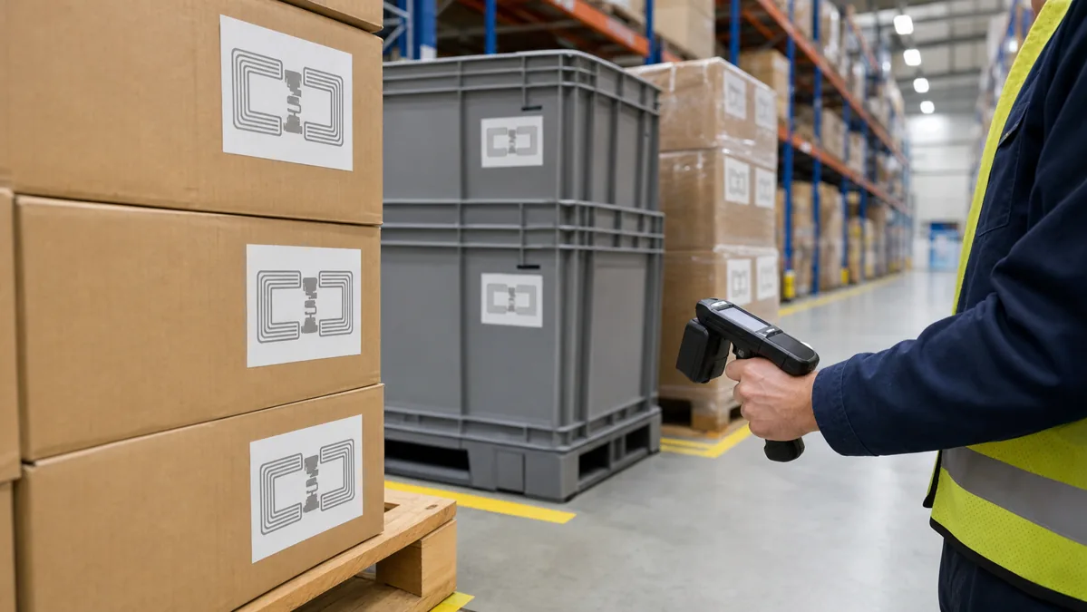 UHF RFID warehouse asset tracking labels on cartons, pallets, and reusable containers