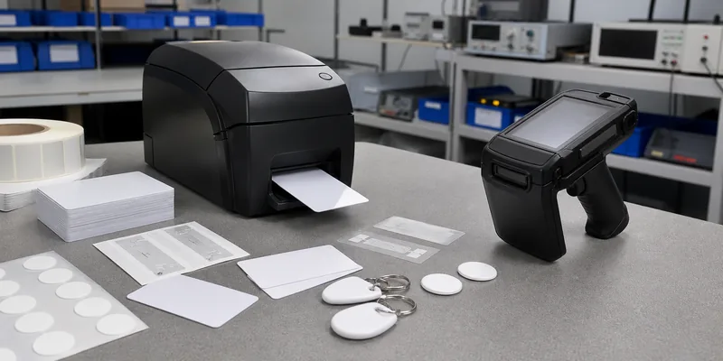 Custom RFID tags being encoded and tested with RFID reader equipment before production