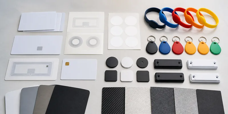 Custom RFID tag material and chip options arranged for sample comparison