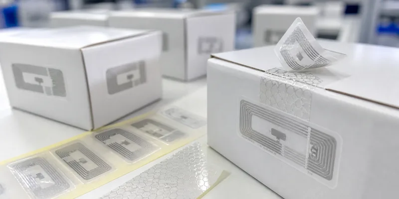 Tamper evident NFC seal label samples applied to product packaging