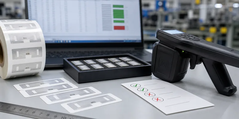 Encoded RFID labels being checked with a handheld reader before bulk production