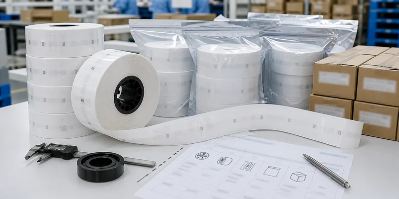 RFID label rolls packed and inspected for winding direction and shipment
