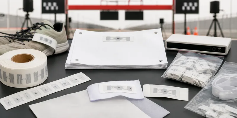 UHF RFID bib shoe and label timing tag samples prepared for race event testing