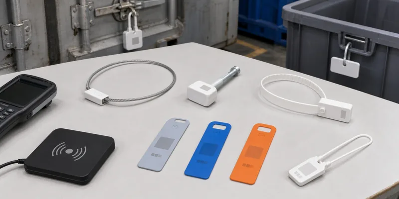 RFID seal tag format comparison with cable seal bolt seal pull tight seal and tote tag samples