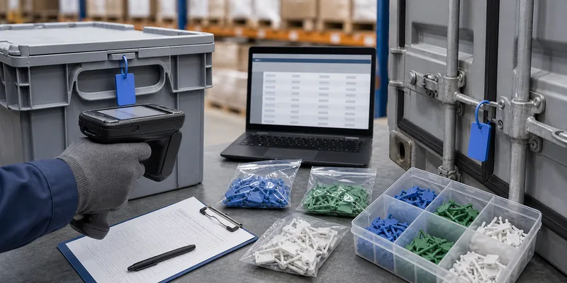 RFID seal tag samples scanned with a handheld UHF reader before logistics rollout