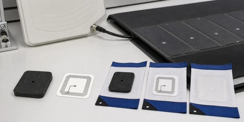 Foam backed RFID timing tag samples tested with antenna and timing mat setup